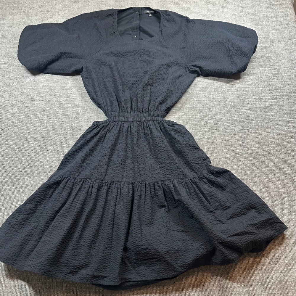 Madewell Cutout Tiered Dress Women S Black Seersucker Puff Sleeve‎